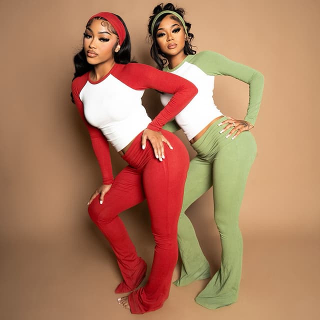 Women's Christmas fashion long-sleeved round neck T-shirt color-blocked slim-fit trousers two-piece set