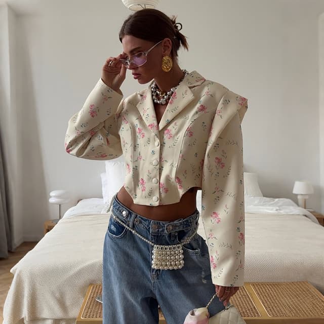 New Women's Fashion Suit Collar Printed Short Sexy Loose Casual Jacket