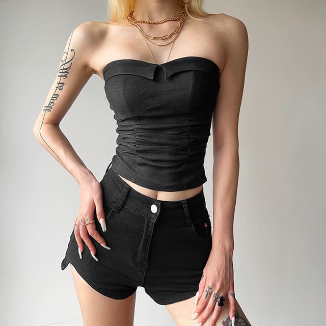 New Women's Fashion Pleated Sexy Tube Top Solid Color Slim Tank Top