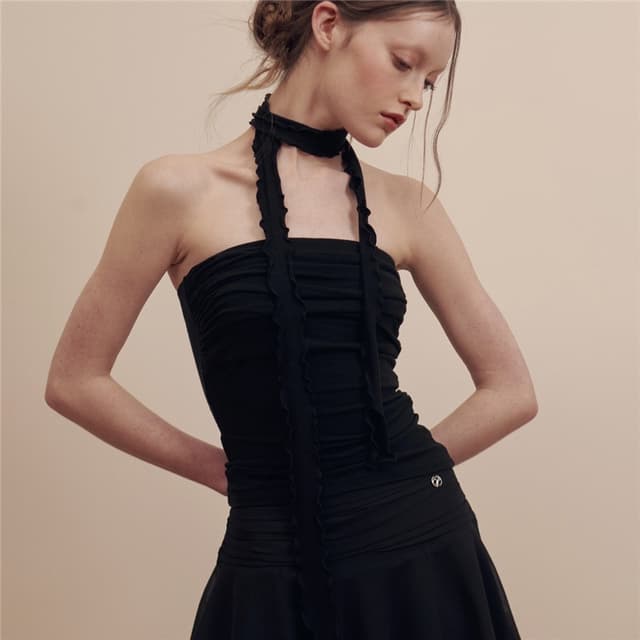 Women's Clothing Pure Color Slim Fashion One-Line Collar Pleated Sexy Backless Vest