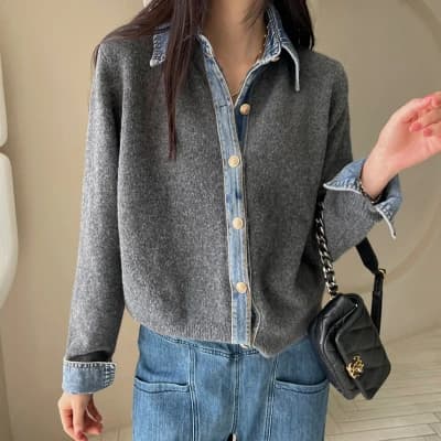 Autumn Korean Style New Fashion Denim Patchwork Slimming Cardigan Jacket