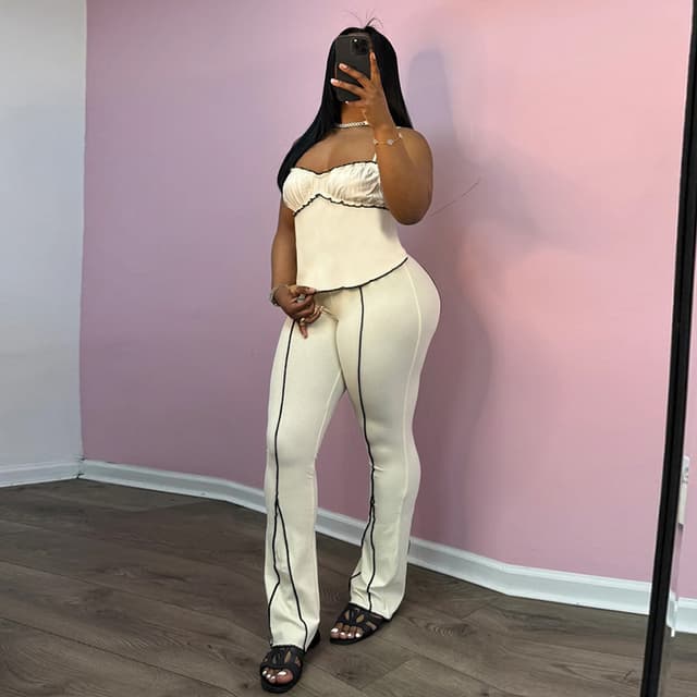 Women's Fashion Sweet Sexy Sling Pleated Vest High Waist Trousers suit