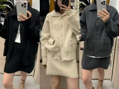 Autumn/Winter Korean Style Relaxed Polo Collar Knit Top + High-Waisted Slimming A-Line Mini Skirt Set