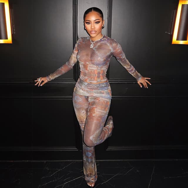 Women's long-sleeved round neck top with unique print, sexy see-through slim-fit trousers set