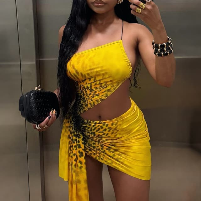 Women's fashion patchwork personalized print ribbon sexy cropped backless dress