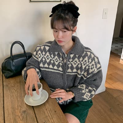 Korean style spring/autumn new casual retro color-blocked jacquard versatile loose zip-up sweater coat