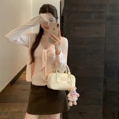 two-piece cardigan top V-neck tie-up camisole set