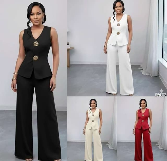 A Easy Solid Color V-Neck Casual Commuting Vest Paired with Wide-Leg Pants