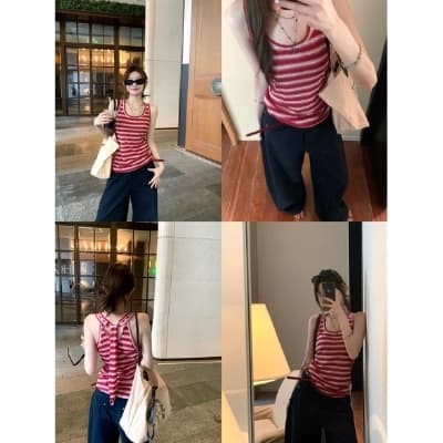 Original design, made of red striped knitted camisole, suitable for summer wear.