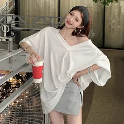 Lazy Style Loose V-Neck Short Sleeve T-Shirt Women's