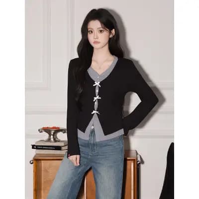 Two-Piece Long-Sleeved T-Shirt for Women, Black, Lazy Style Cardigan Top