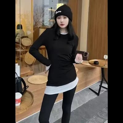 T-Shirt Women's Autumn Slim Fit Double Layer Base Shirt Top.