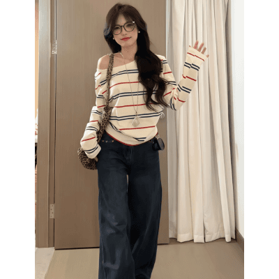 pure cotton yarn-dyed off-shoulder long-sleeved T-shirt for women